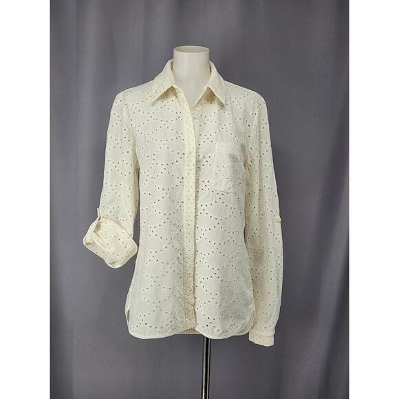 Diane Von Furstenberg Shirt Womens 8 White Lorelei Two Eyelet Cotton Top Coastal - Picture 3 of 16